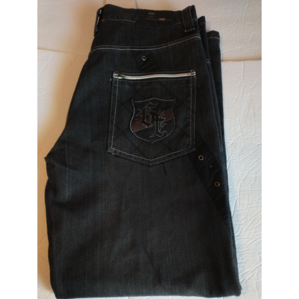 New Raw Blue RB Mens Rare Black Denim Jeans 35x33 Embroidered Zipper Vintage Y2K